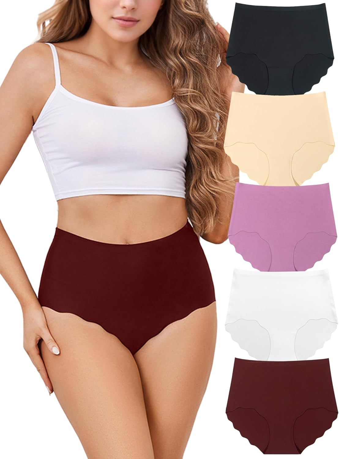 Seamless High Waisted Underwear for Women No Show Wave Edge Panties Briefs 5 Pack