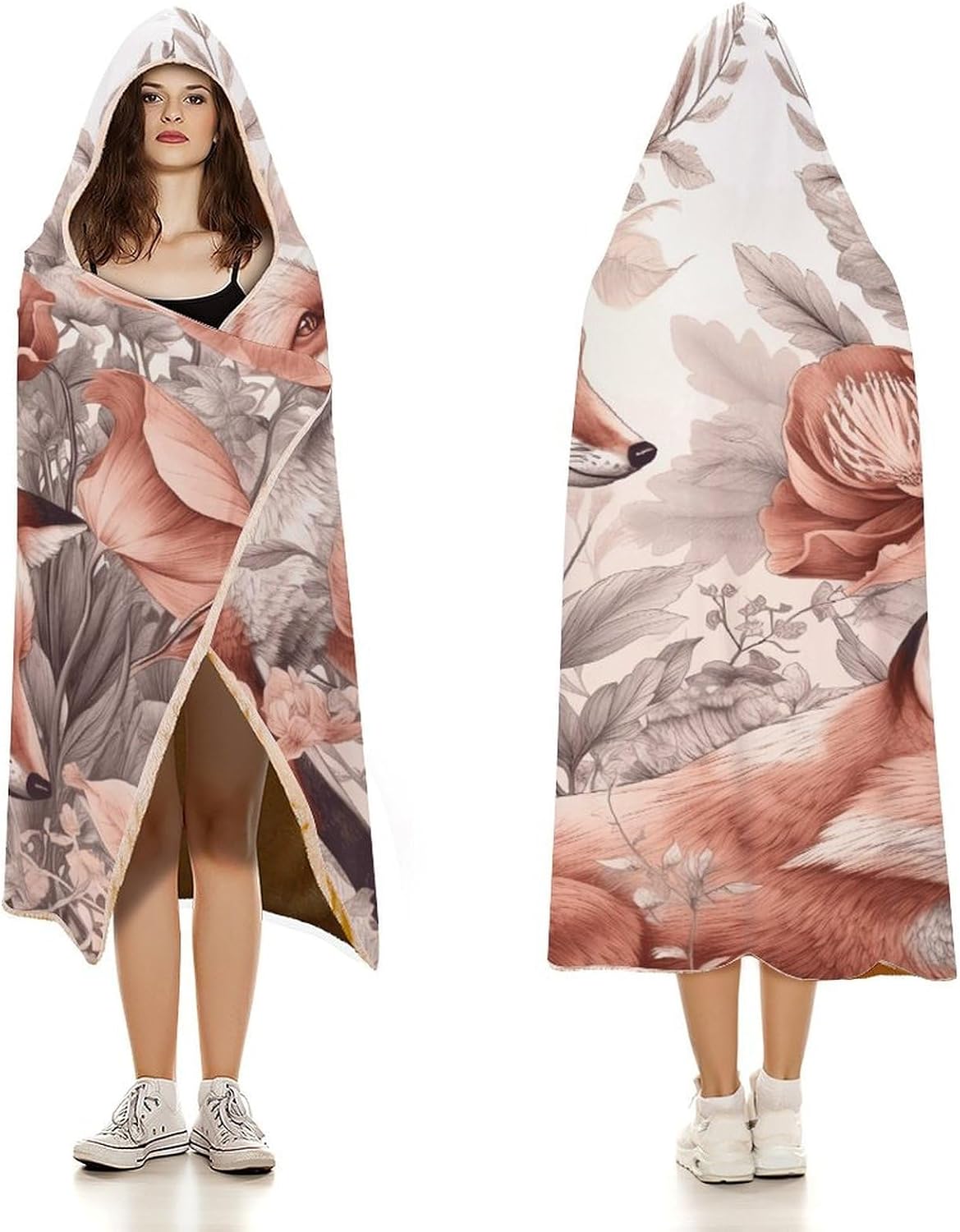 Fox And Plants Hooded Blanket Cozy And Functional,Wearable Blanket Hoodie for Women Men,Blanket Poncho Presents40 x50