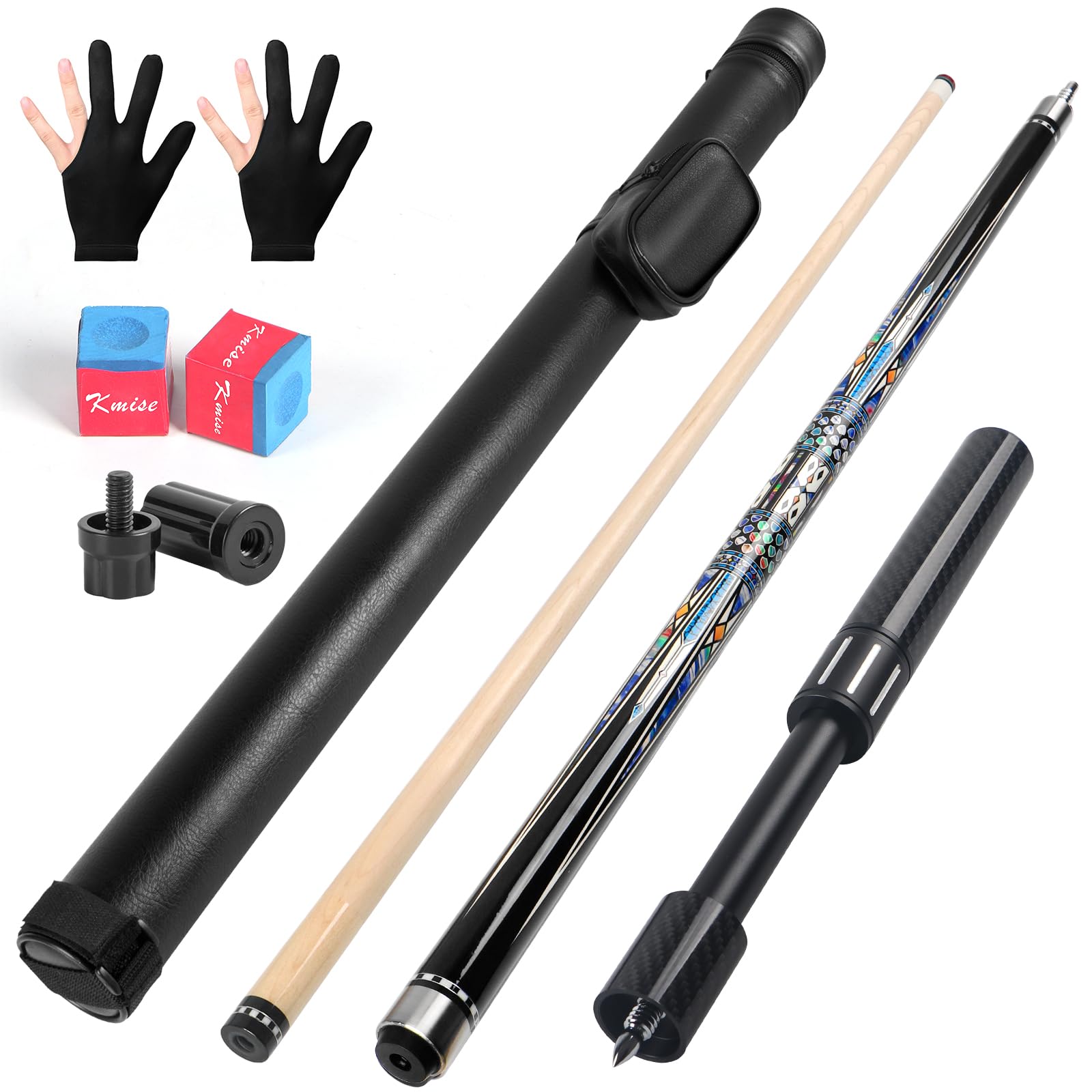 Kmise Bâtons de queue de billard professionnels en érable canadien avec tige à faible déflexion et extension télescopique en fibre de carbone, ensemble livré avec étui en cuir