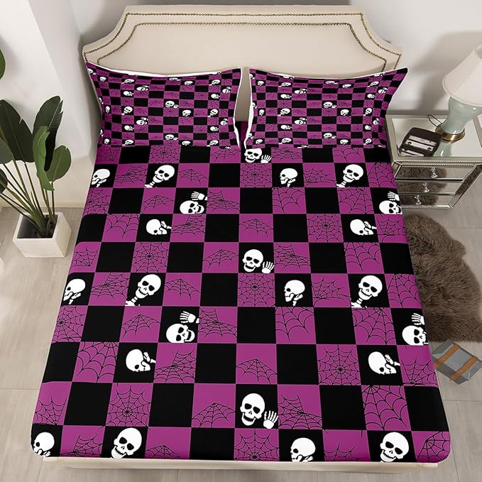Feelyou Purple Sugar Skull Bed Sheet Set Kids Skeleton Fitted Sheet Spider Web Bedding Set for Women Men Room Decor Halloween Themed Bed Cover Deep Pocket, Twin Size