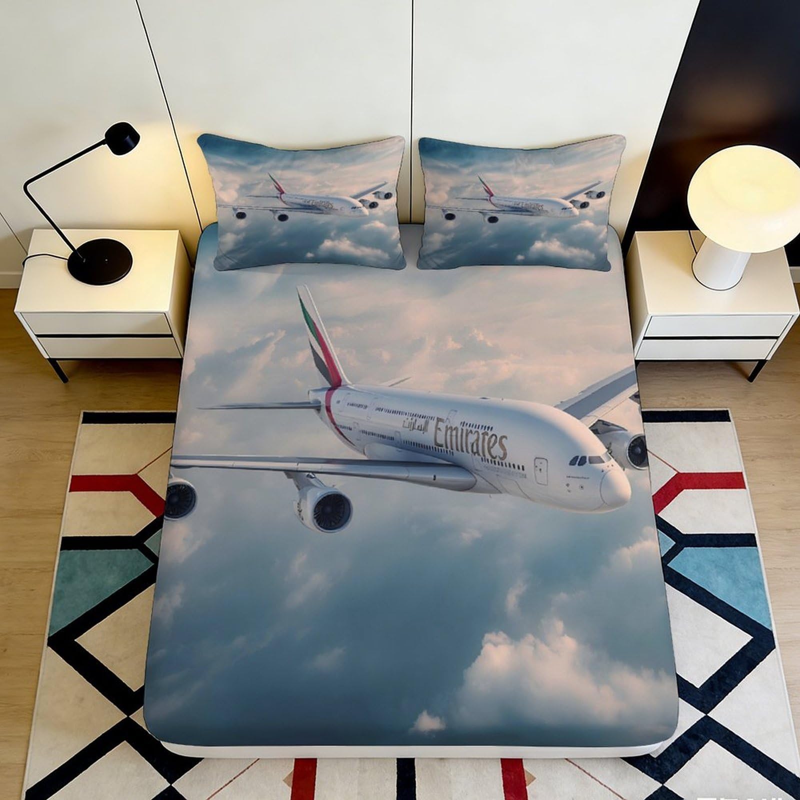 3D Printed Emirates Airplane Fitted Sheet Microfiber Soft Breathable Sky Clouds Bed Cover for Bedroom Dormitory Guest Room Mattress Protection Decor 180x200x25cm