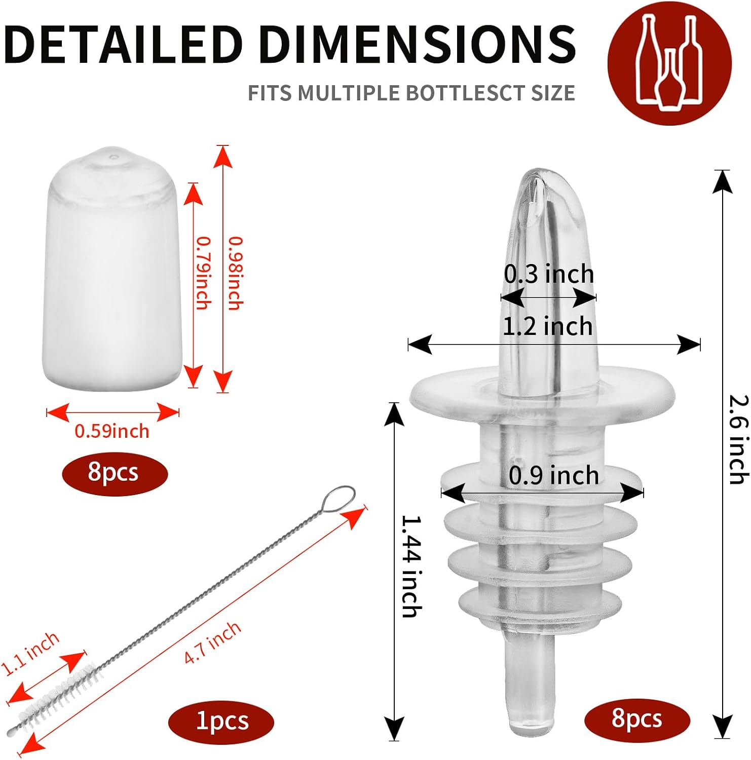 8 PCS Bottle Pourers And 8 PCS rubber pourers dust cap covers Syrup Pourer Pour Spouts Plastic Liquor Bottle Pourers with Rubber Pourers Dust Cap Covers Bottle Pourers (Clear)