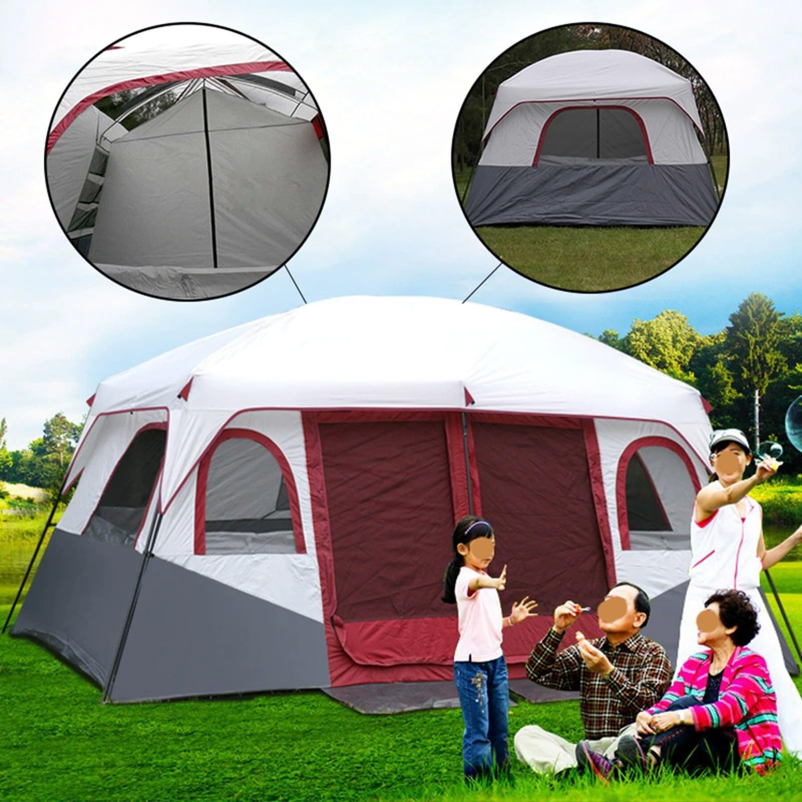 FMBLDM Zelte für Outdoor Camping Mit Zwei Räumen und Einem Wohnraum Kapazität für 8-15 Personen Großes Zelt für Mehrere Personen Wasserdicht Winddicht UV Geschützt Burgundy,8-15 People Sport & Freizeit