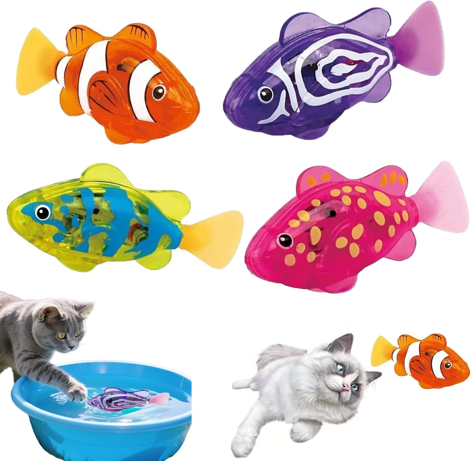 NPLSEO Interactive Swimming Robot Fish Cat Toy, Swimming Fi-sh with Luminous Function, Water-Activated Luminous Robot Fish for Kids & Pets, Waterproof Bath & Pool Toy for Kids Ages 5 & Up (4pcs)