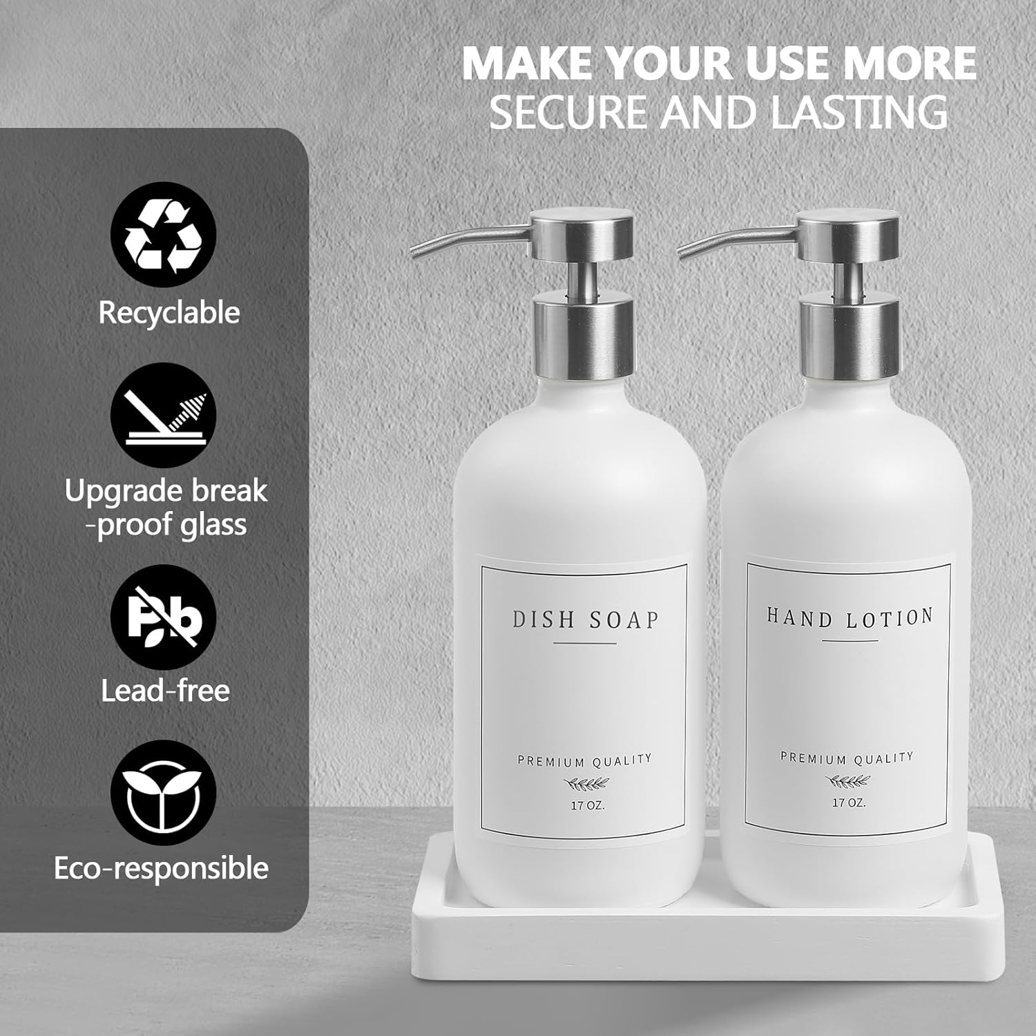 Glass Soap Dispenser Bathroom - Kitchen Dish Hand Soap Dispenser Set, Liquid Soap Lotion Dispenser with Tray, Hand Soap and Lotion Dispenser, White Bottle/Silver Pump-pd