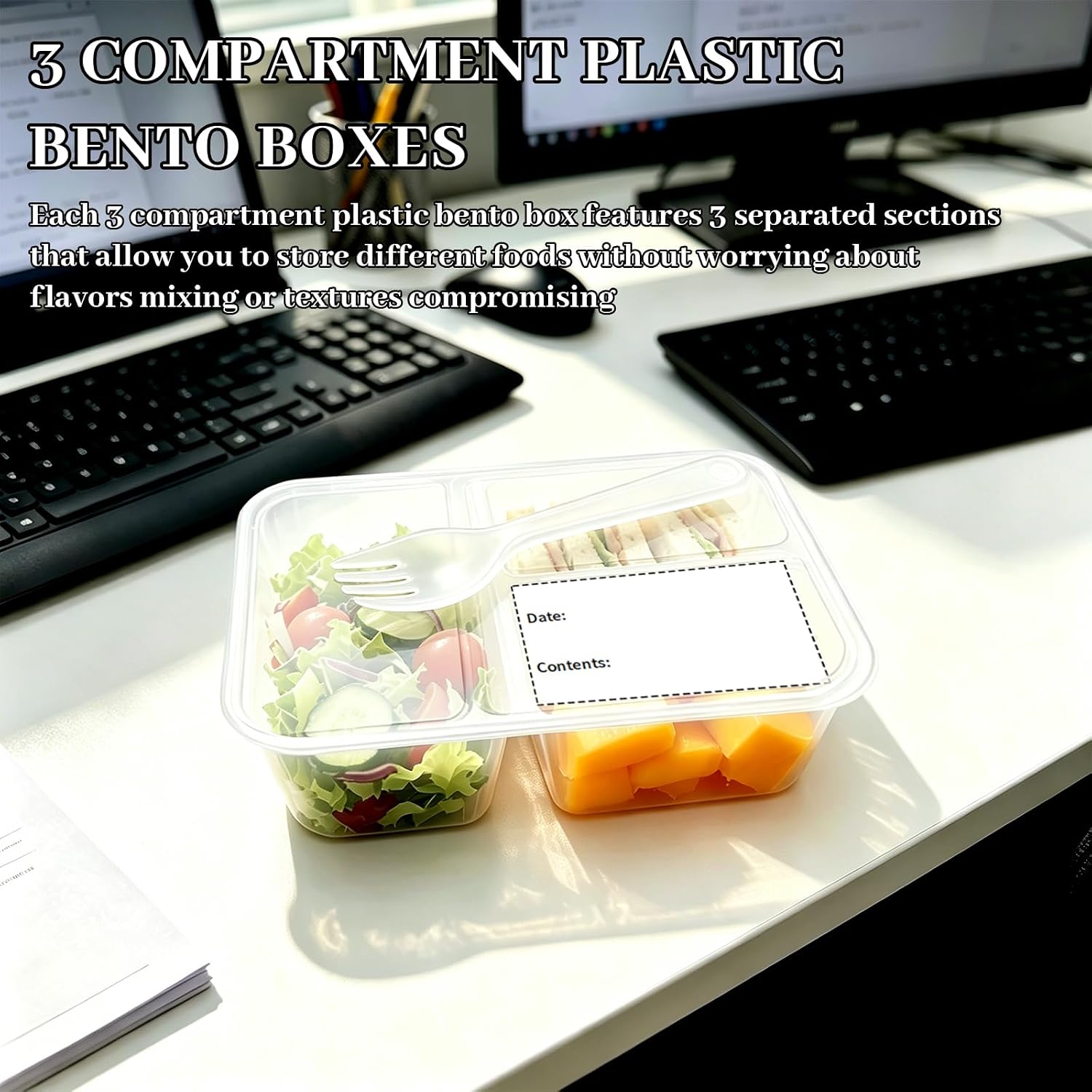 16 oz Clear Snack Containers with Lids, 3 Compartment, 50 Pack