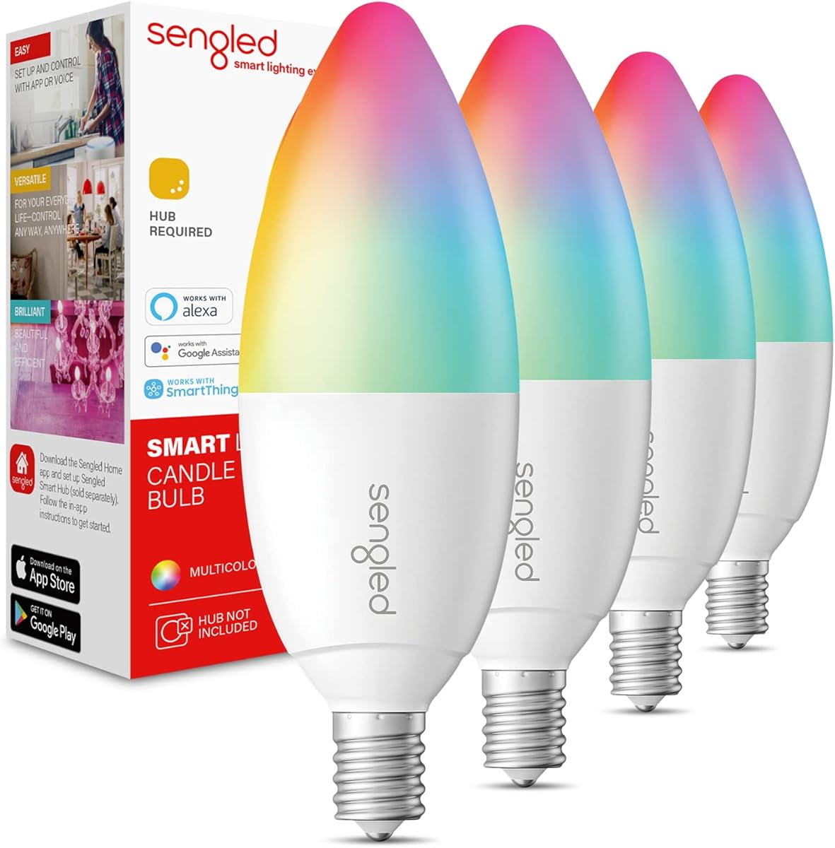 Sengled Zigbee Smart Candelabra Bulbs, Hub Required, Dimmable Multicolor E12 LED Candle Light Bulb Work with Alexa Echo(4th Gen), Echo Plus, Google/SmartThings, Voice/APP Control, 450 LM/40W Eqv. 4PK