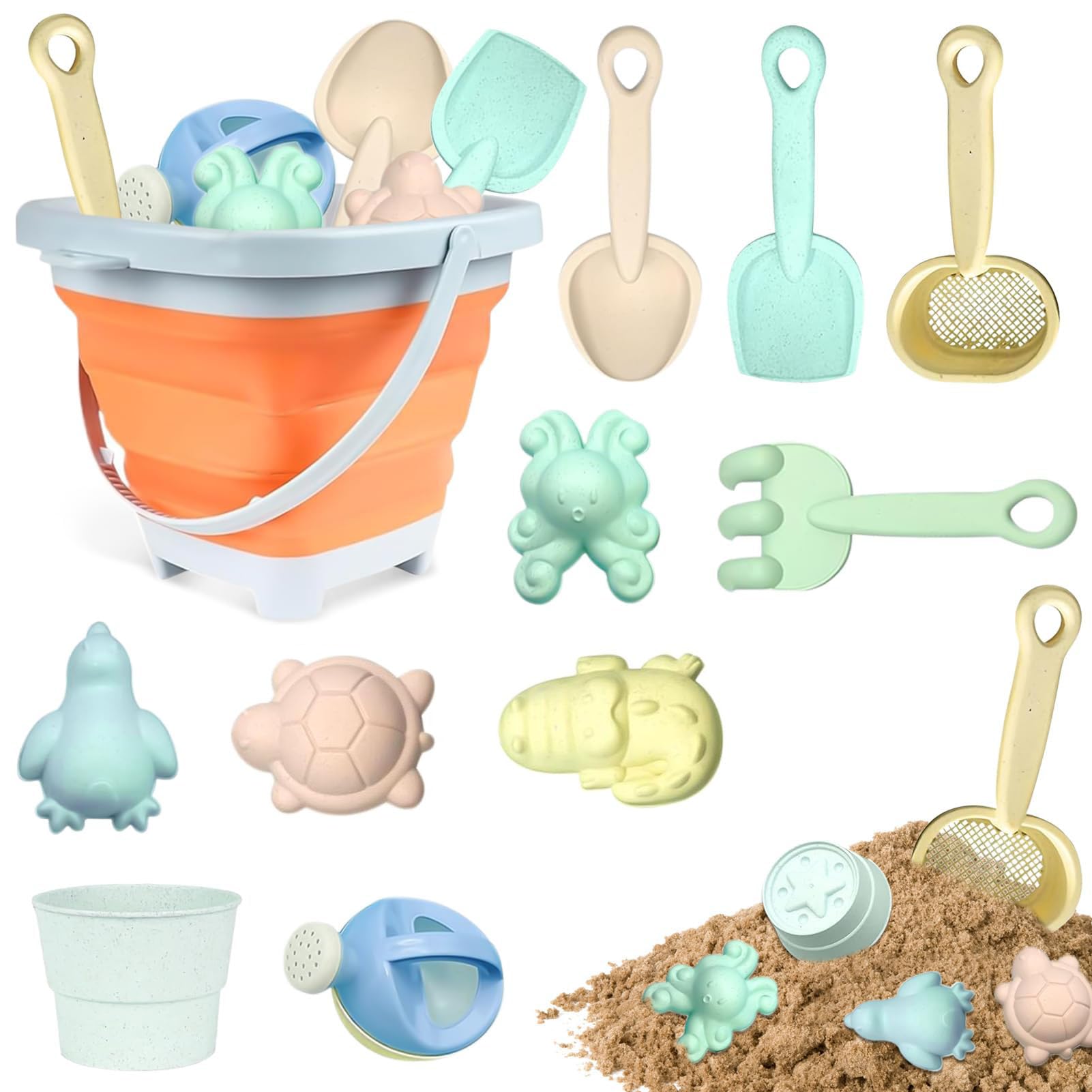 11pcs Sandspielzeu set,Sandspielzeug Kinder,Sandkasten Spielzeug,sandspielzeug eimer,silikon sandspielzeug,mit Faltbarer Eimer, Schaufel, Sandharke, Sandförmchen, Für Kinder Jungen Mädchen (Orange)