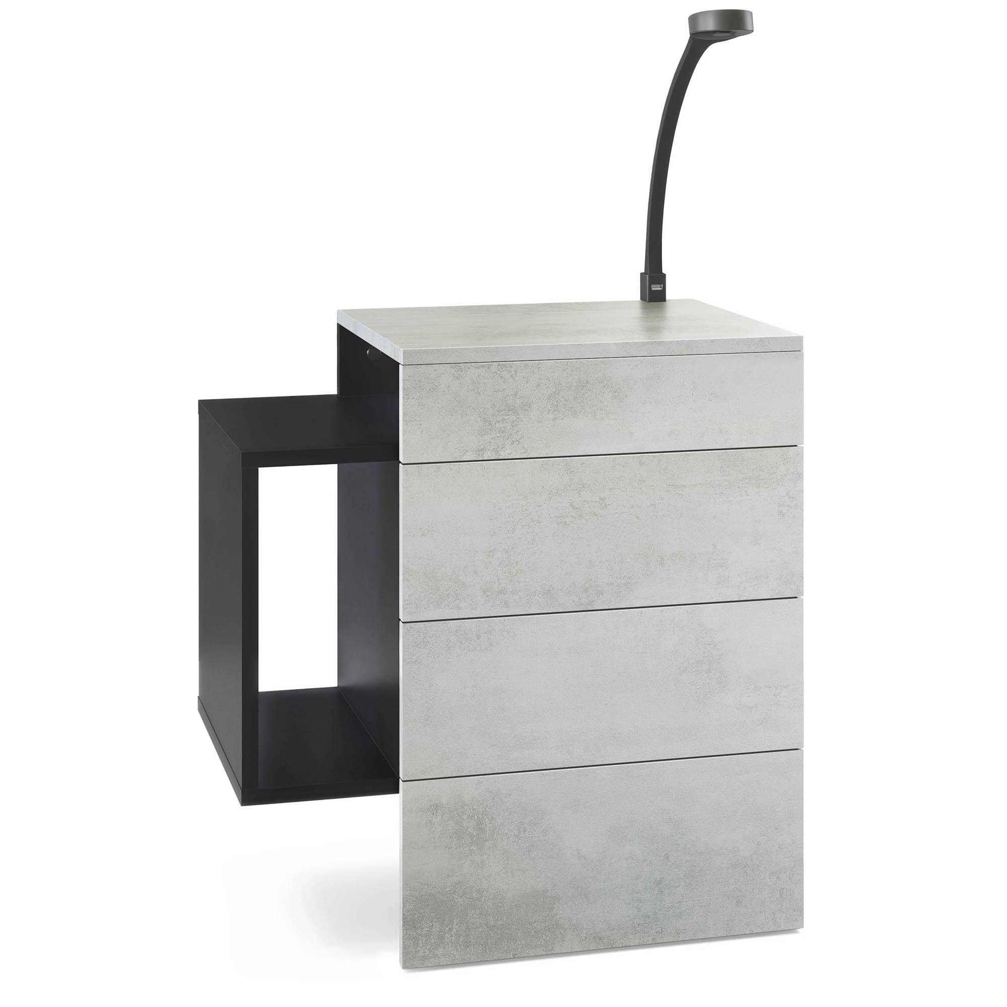 Vladon Mesita De Noche Queens, Cómoda De Noche Con 2 Cajones Y 1 Compartimento Lateral Para Montaje En Pared, Negro Mate/Roble áspero Incl. Foco LED Blanco Bajo El Armario (60 X 63