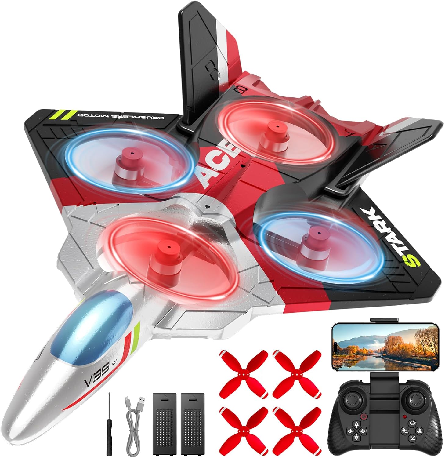 4DRC V39 RC Plane with Camera for Adults Kids, RC Airplane Fighter Jet 2.4GHz RTF Glider Aircraft Plane Toys,Waypoint Functions,Altitude Hold, Gesture Selfie,3D Flips,2 Batteries,Red