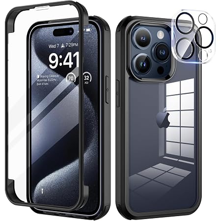 Coque IPhone 15 6,1" Antichoc Transparente Noire Avec Verre Trempé Écran + Protecteur Caméra - Protection 360° Robuste Et Mince