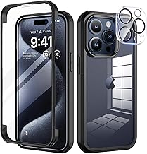 seacosmo Case for iPhone 15 Pro with Built-in Tempered Glass Screen Protector and Camera Screen Protector [9H HD], 360 Degree Mobile Phone Case Full Body Shockproof iPhone 15 Pro Case - Black