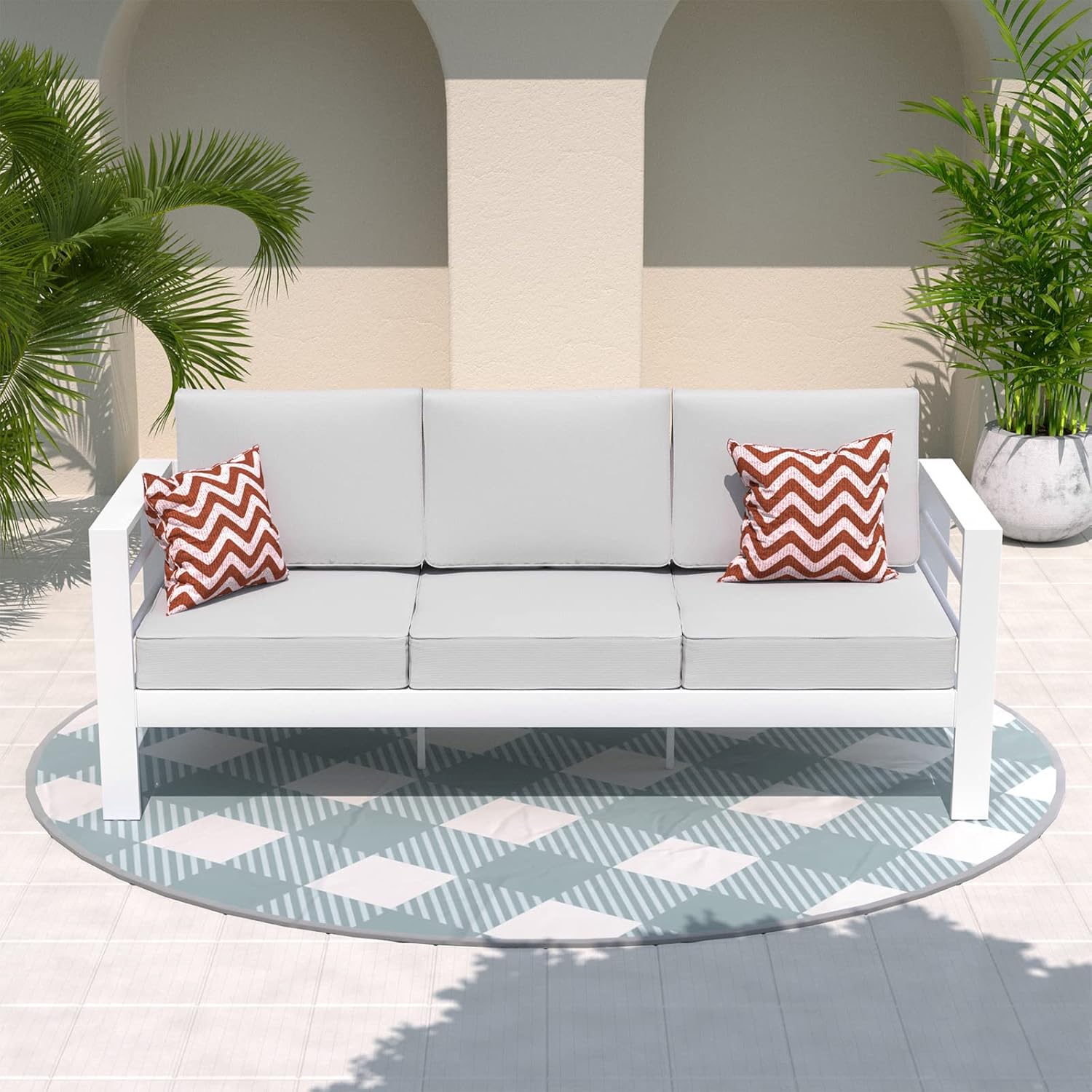 Amopatio Oversized Patio Furniture Aluminum Loveseat, All-Weather Outdoor 2 Seats Sofa Couch, Modern Metal Chair w/ 5 Inch Cushions, White&Blue (Include Waterproof Sofa Covers)