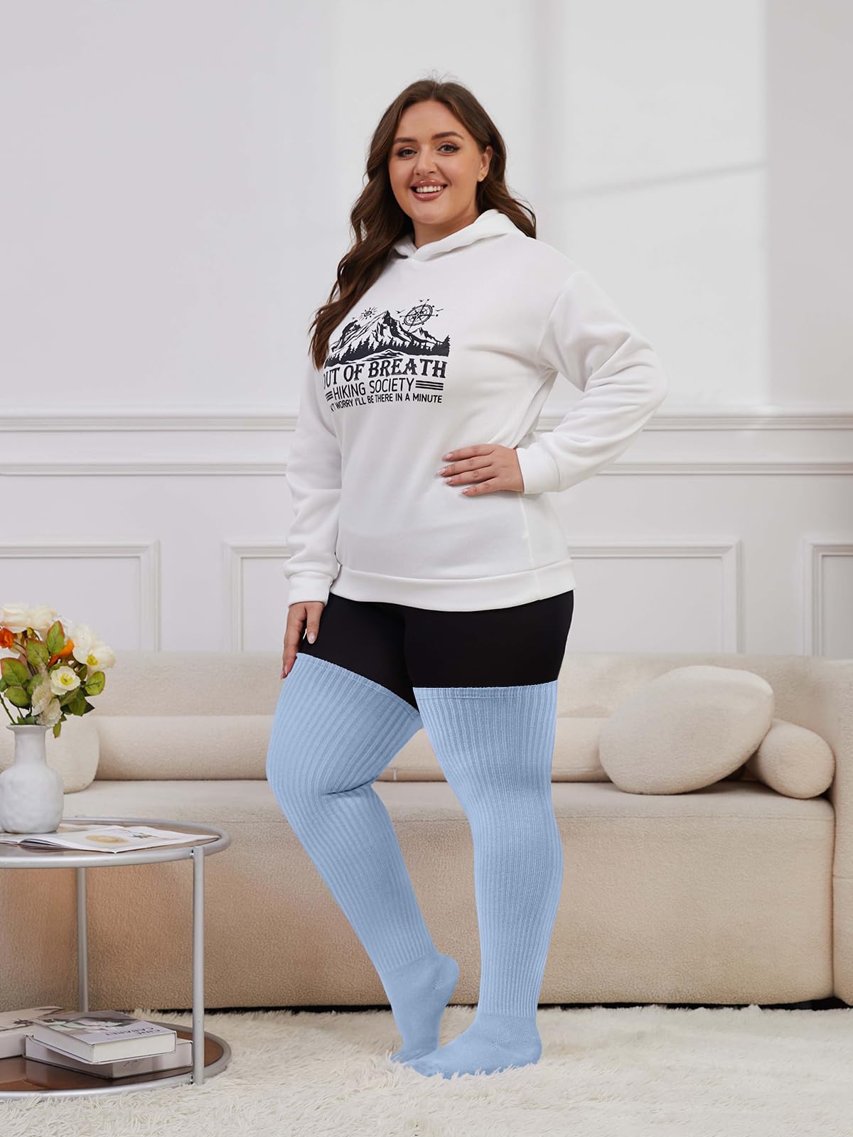 Moon Wood Plus Size Thigh High Socks for Thick Thighs- Womens Knit Cotton Extra Long Over the Knee High Socks Leg Warmer: One Size Plus Light Blue