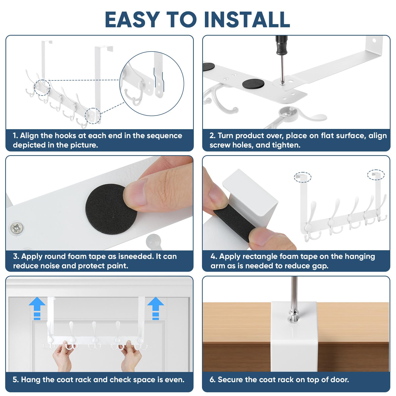 TICONN Ganchos para colgar sobre la puerta, 5 percheros resistentes de metal para chaquetas, sombreros, toallas, bolsas en el baño, dormitorio, dormitorio (blanco, 2 unidades)