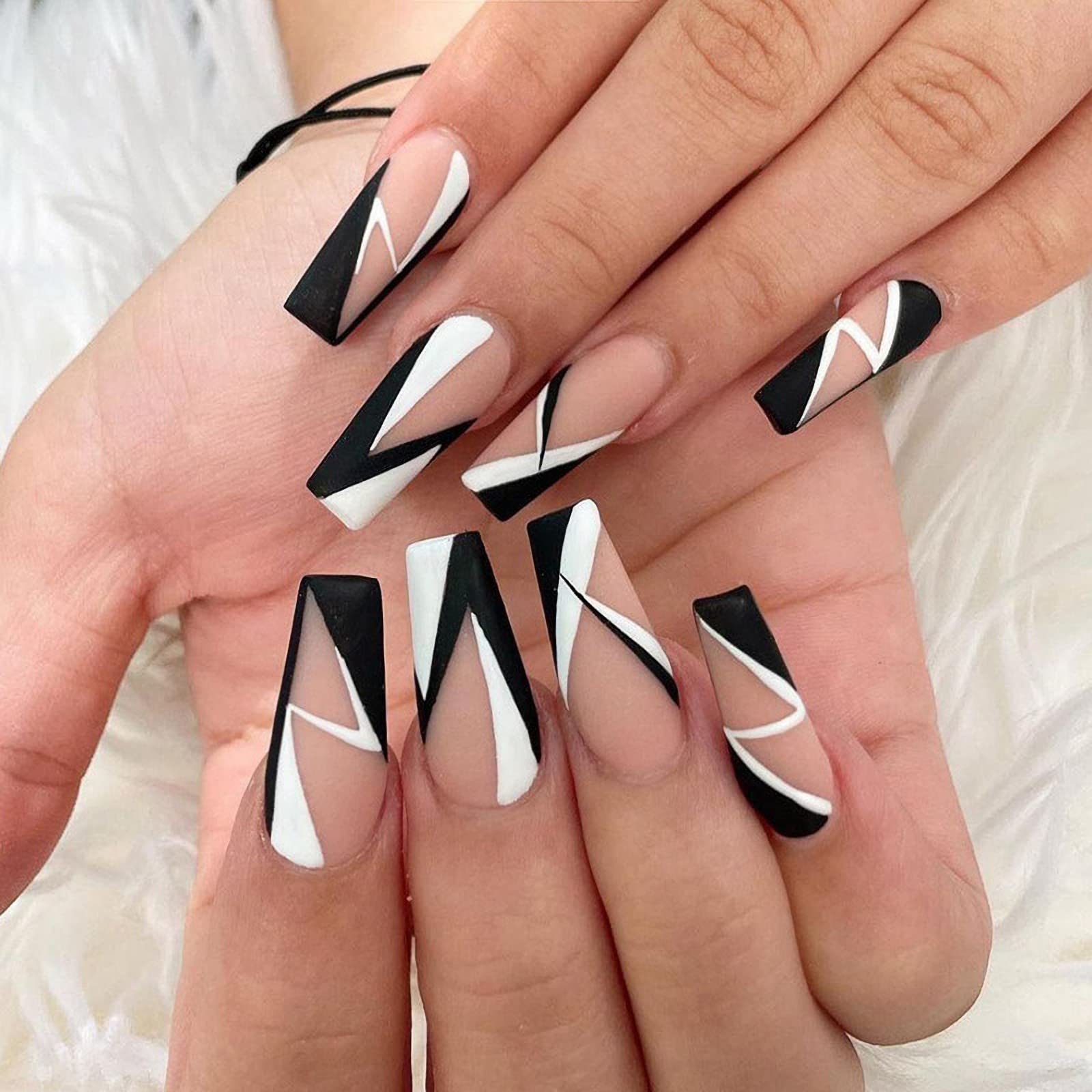 Amazon.com: MISUD Press on Nails Long Coffin Fake Nails Ballerina Matte  False Nails Full Cover Glue on Nails Geometry Acrylic Nails with Design for  Women and Girls : Beauty & Personal Care