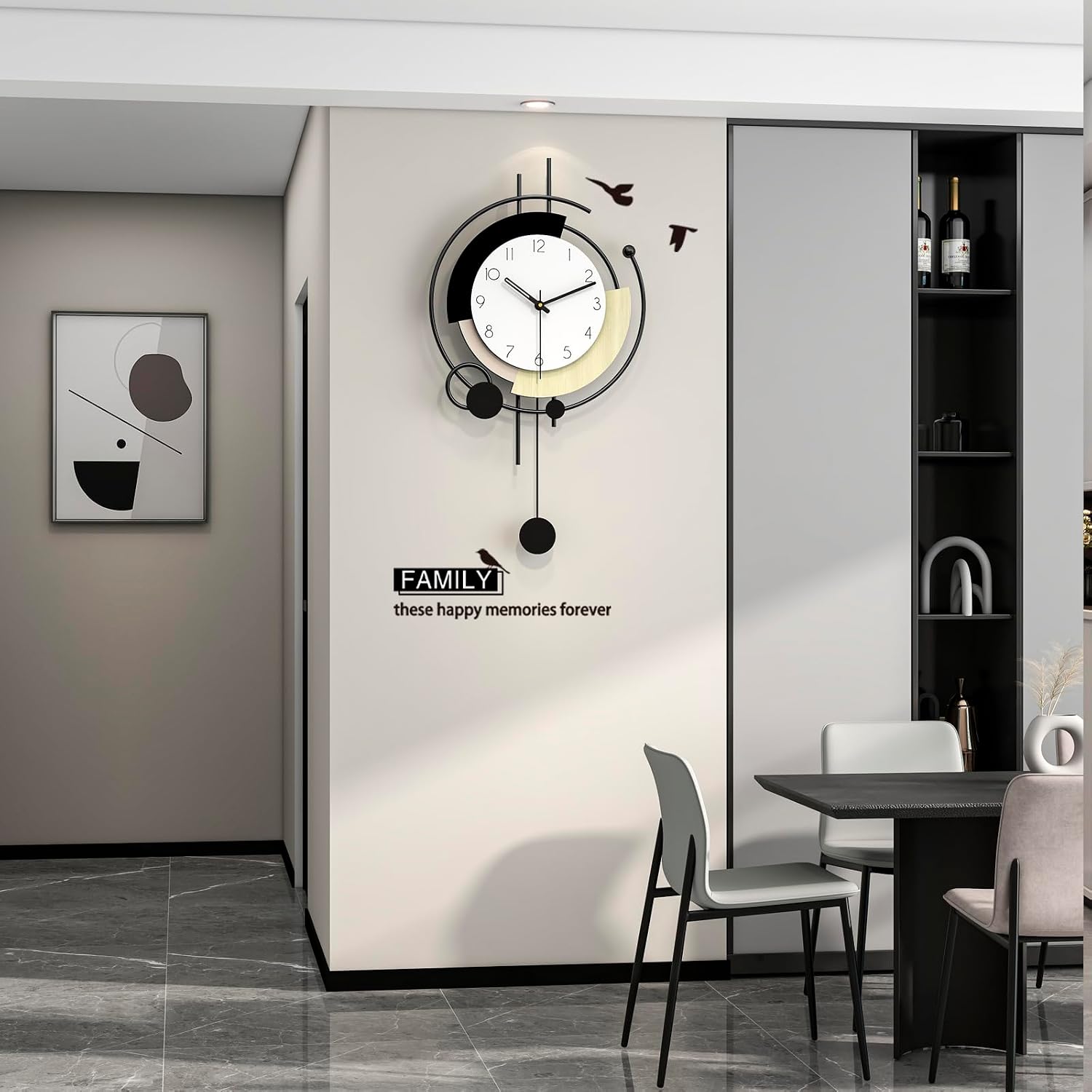 Modern Wall Clock for Living Room Decor Large Decorative Black Metal Wall Clock with Pendulum Battery Operated Non Ticking for Kitchen Office Bedroom 14 Inch Big Silent Clock for Home