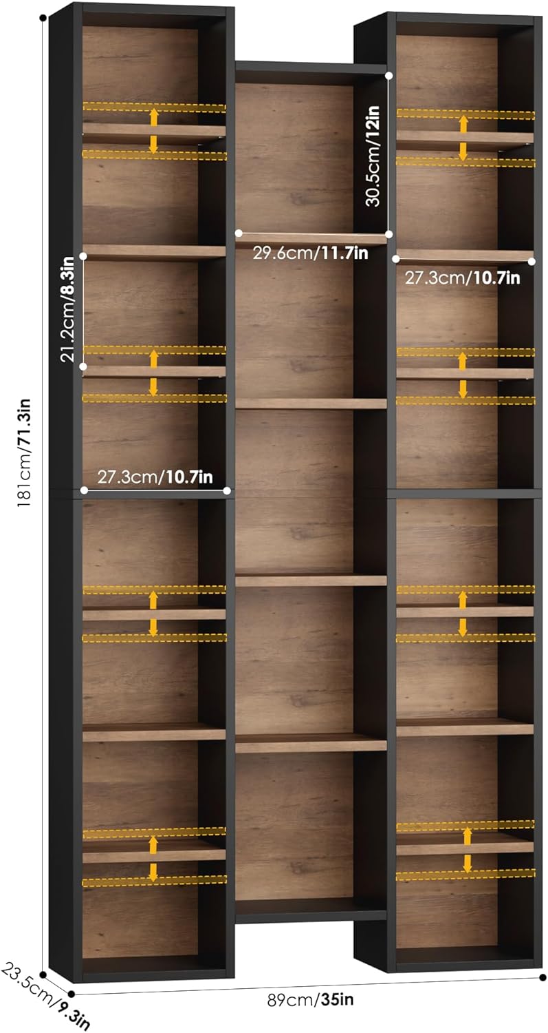 FOTOSOK 71'' Tall Bookshelf with 21 Cubes, 8 Tier Triple Wide Bookshelf with 8 Adjustable Shelves, 35" Large Bookcase DVD/CD Media Tower Storage, Freestanding Display Shelf Cabinet, Black/Brown