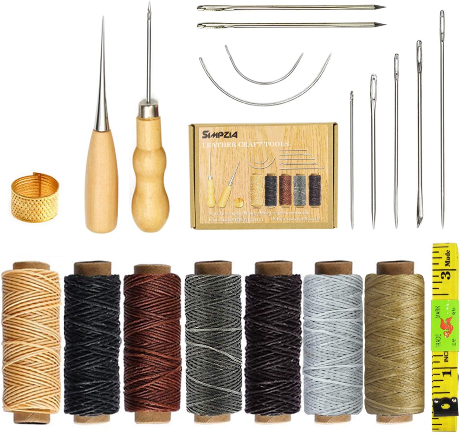 SIMPZIA 20 Pieces Leather Craft Tools with Hand Sewing Needles Drilling Awl Waxed Thread and Thimble for Leather Upholstery Carpet Canvas DIY Sewing
