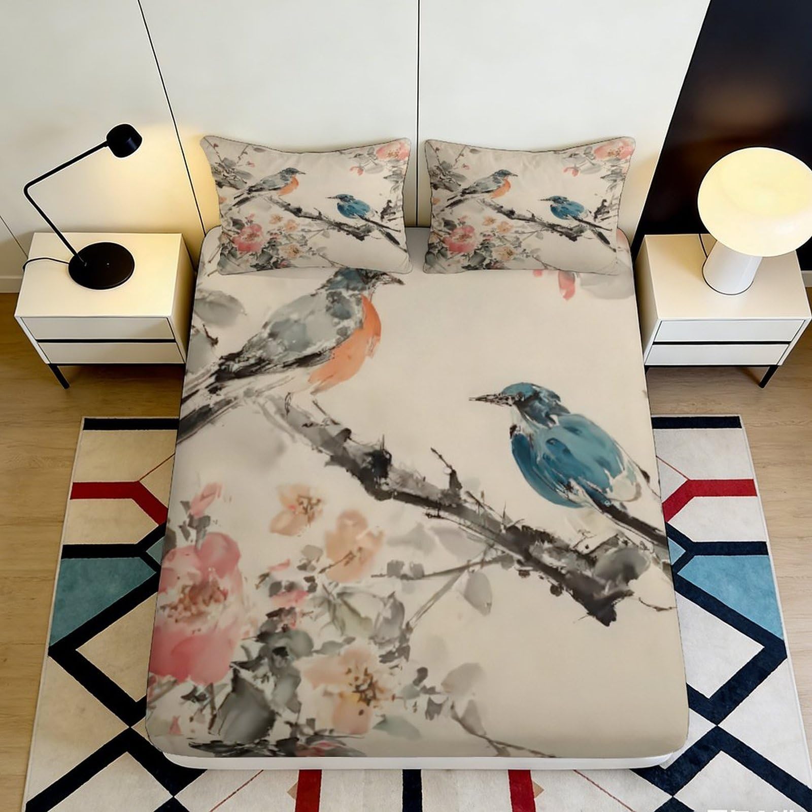 3D Printed Bird Floral Fitted Sheet Microfiber Soft Breathable Branch Bed Cover for Bedroom Dormitory Guest Room Mattress Protection Decor 120x200x25cm