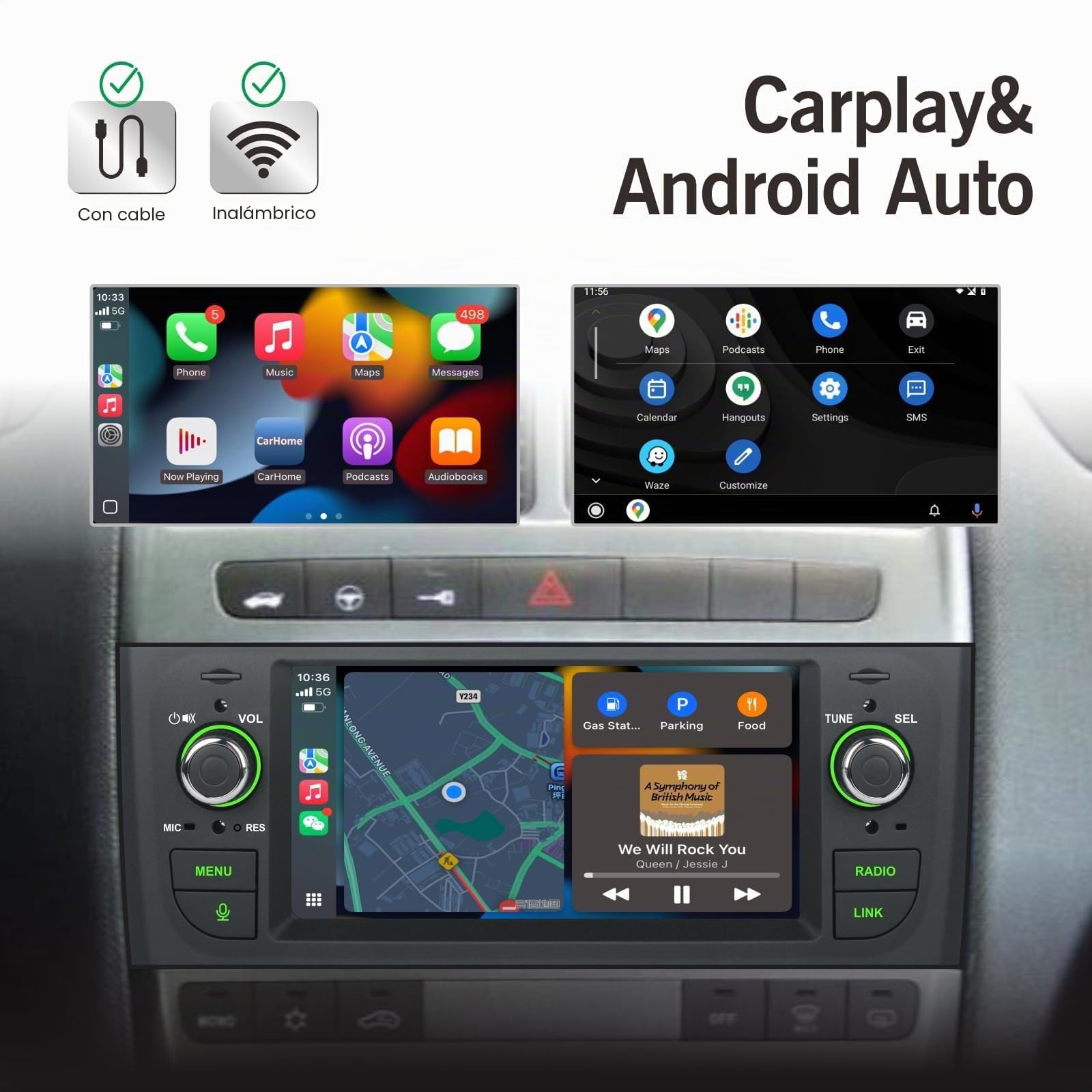 Bluetooth con Inalámbrico CarPlay Android Auto Pantalla para Fiat Punto 2005-2009 Fiat Linea 2007-2011 Radio Coche