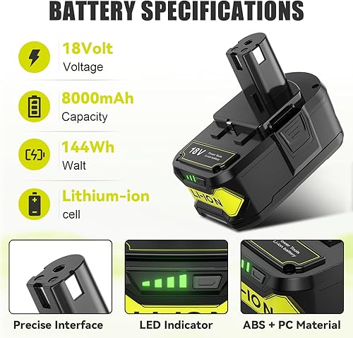 Miniatura 2 de Paquete de 2 baterías de repuesto de 8.0Ah para batería Ryobi de 18 V con cargador P117 de litio compatible con Ryobi 18 voltios ONE+ Plus P102 P103