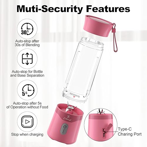 Miniatura 6 de COKUNST Licuadora portátil de 18 onzas, licuadora de tamaño personal recargable por USB, licuadora de batidos con 6 cuchillas para proteínas y