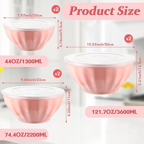 Miniatura 2 de Ziliny Juego de 6 tazones rosados con tapas, aptos para microondas, cuencos de plástico para mezclar con tapas, para cocina, alimentos, hornear,
