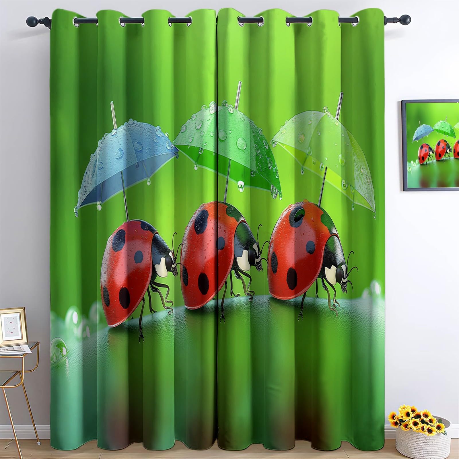 Blackout Curtains 2 Panels 46” W x 90” L Darkening Polyester Fabric Eyelet Curtain 3D Insect Ladybug Umbrella Thermal Insulated Curtains Privacy Protect Window Drapes for Living Room Bedroom