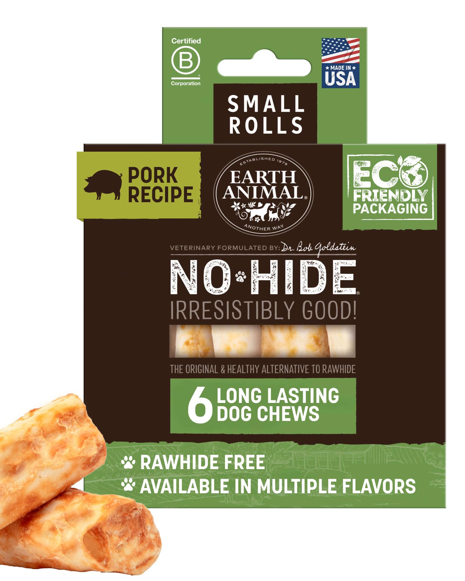 Earth Animal No Hide Chews - Long Lasting Rawhide Free Small Dog Chews Rolls, Pork - 6 Count