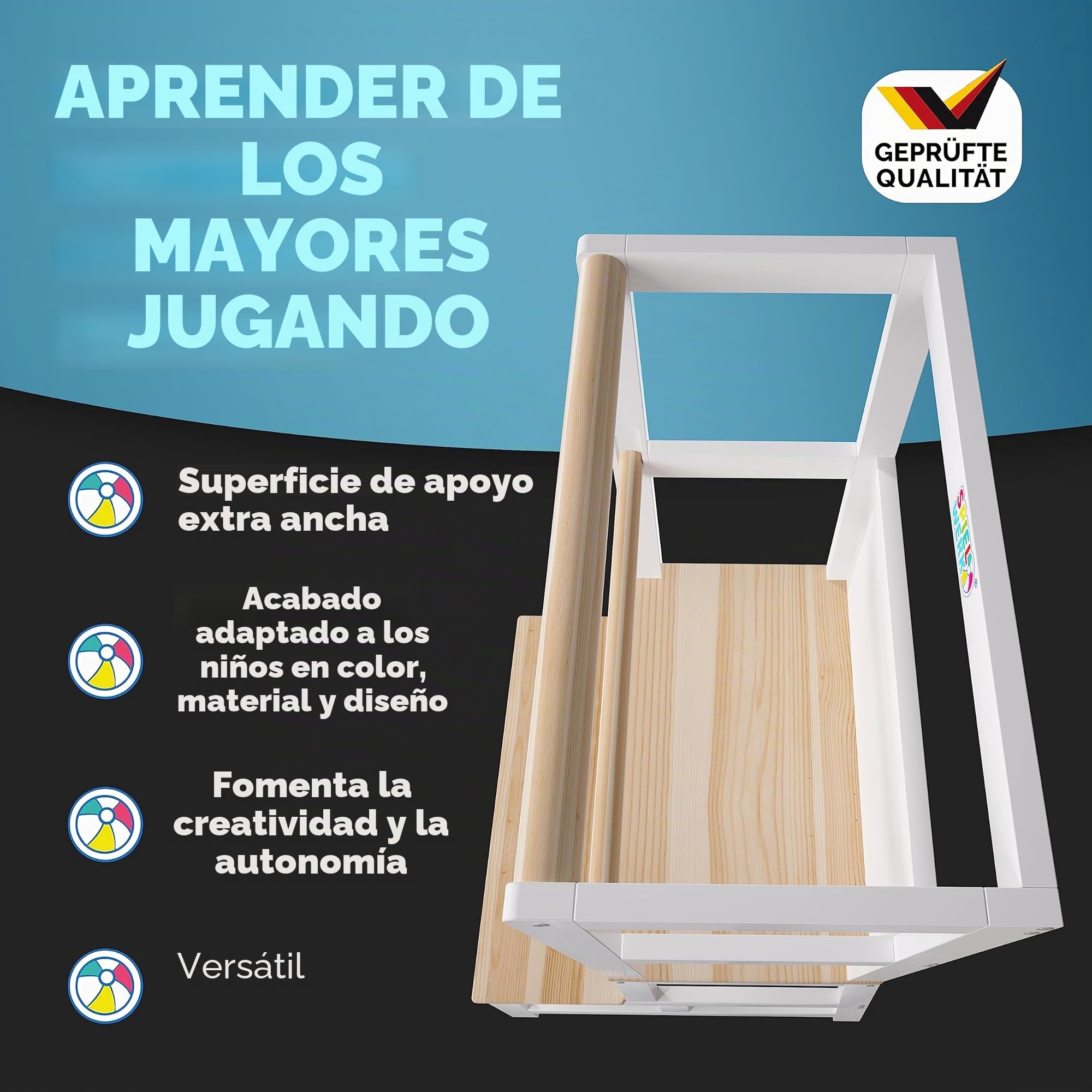 SPIELWERK® Torre de Aprendizaje Montessori Niños 100Kg Taburete Infantil 93cm Antivuelco Madera Pino Blanco