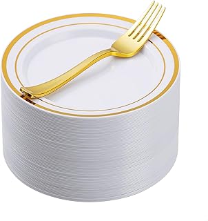 Goodluck 120 Pieces Gold Plates with Plastic Forks, Gold Dessert Plates for 60 Guests, Heavy Duty Disposable Plate for Wedding and Birthday Party, Including 60 7" Plates and 60 7.4" Plastic Forks