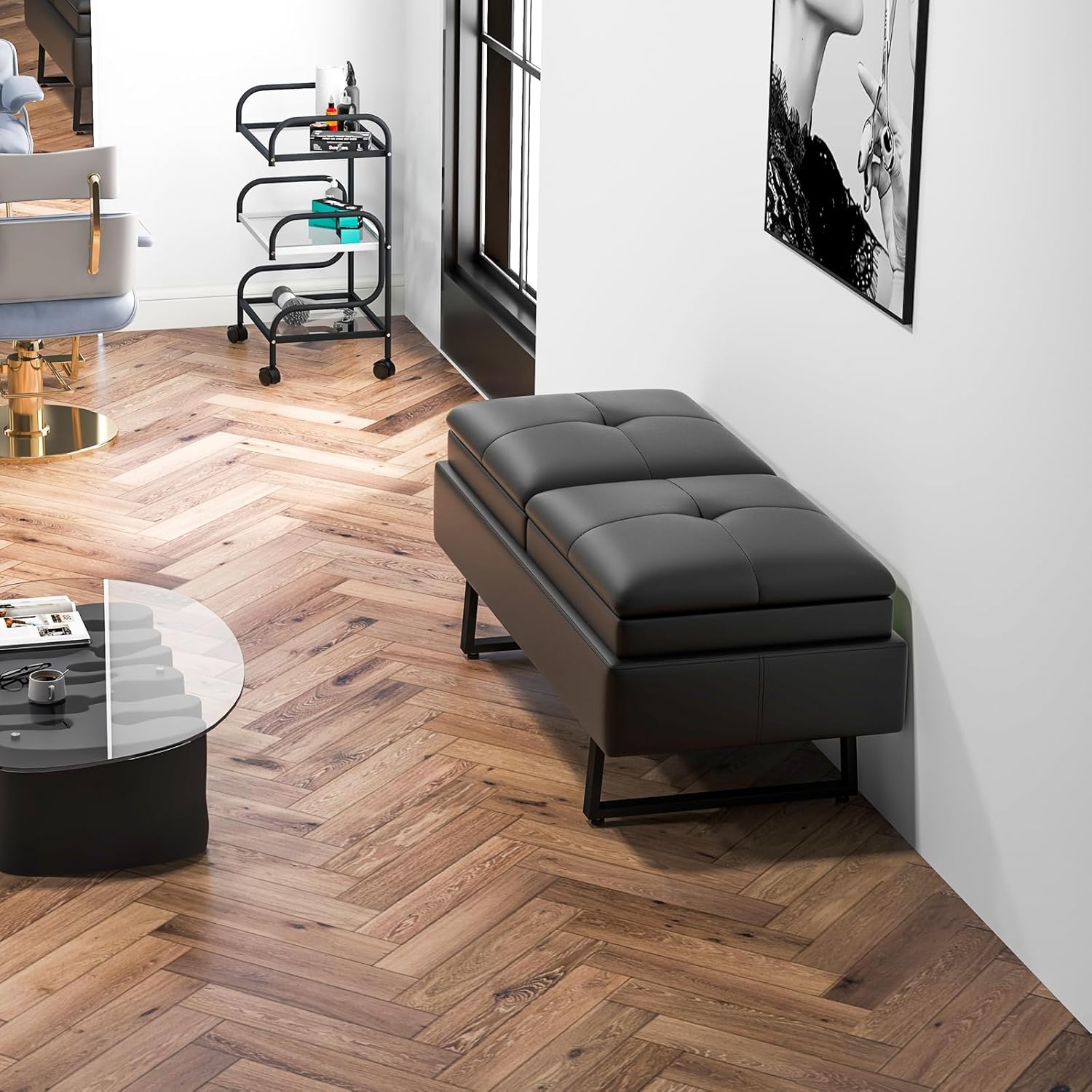 KINTNESS Waiting Room Bench with Storage, 2-seat Black Waiting Room Chair, Modern Reception Bench Chairs with 4.8" Thick Sponge Cushion, PU Leather Benches for Office, Salon, Barber Store, Black