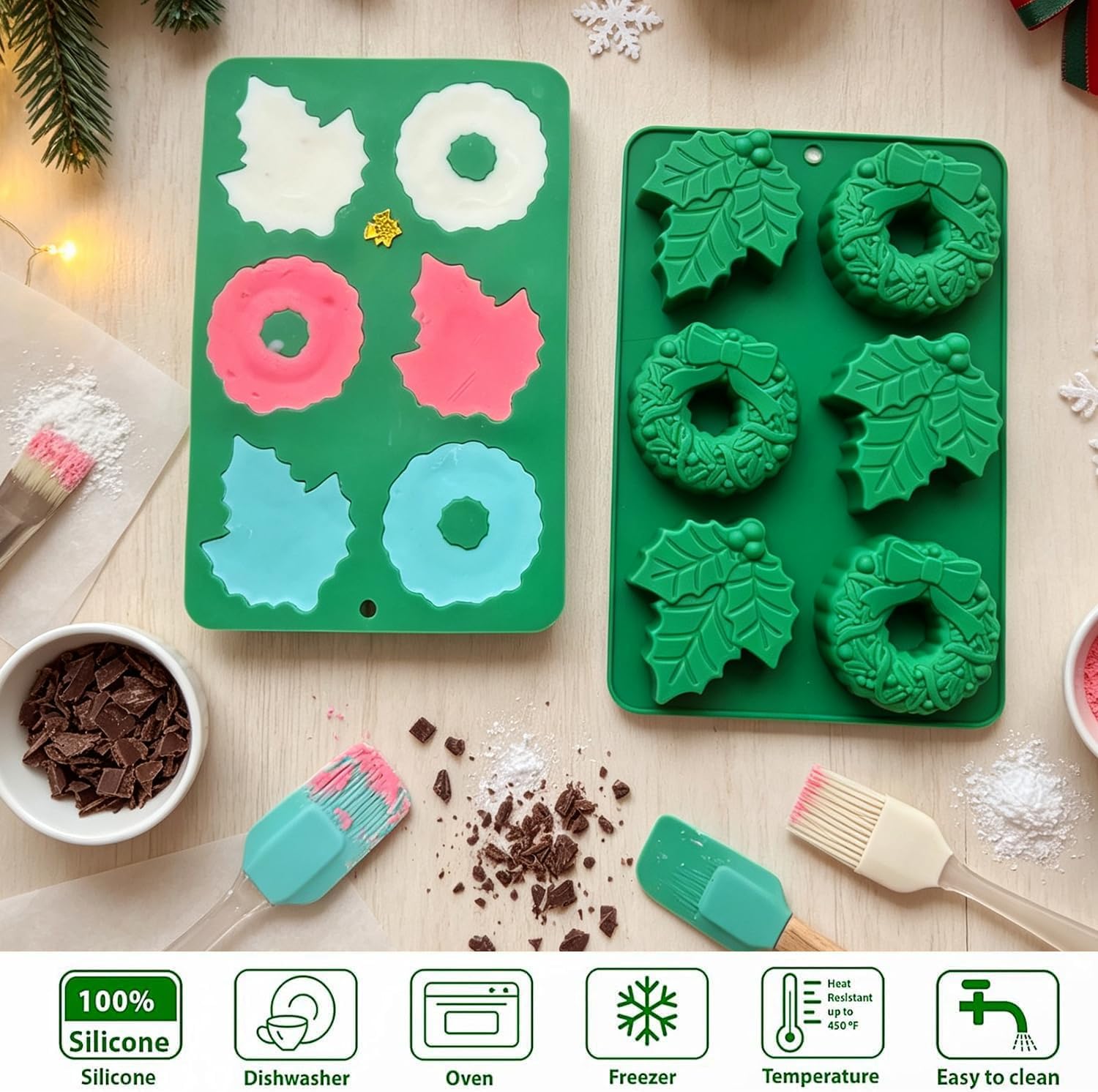 2 Pack Christmas Silicone Molds, Christmas Wreath Holly Leaf Chocolate Cake Molds Holiday Siliocne Baking Molds for Dessert Soap Candles Jello Puding Muffins Ice Wax Melt, Xmas Party Cake Pan