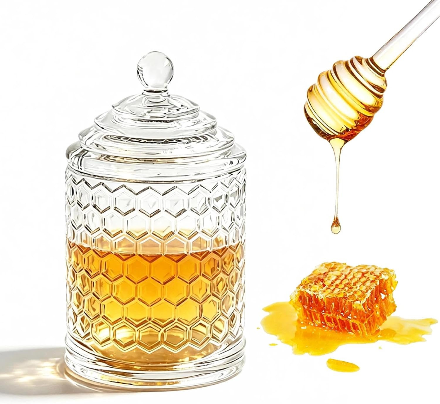 10 Oz Glass Honey Jar, With Lid And Dipper Honeycomb Crystal Design Syrup Storage Container For Home Kitchen Use