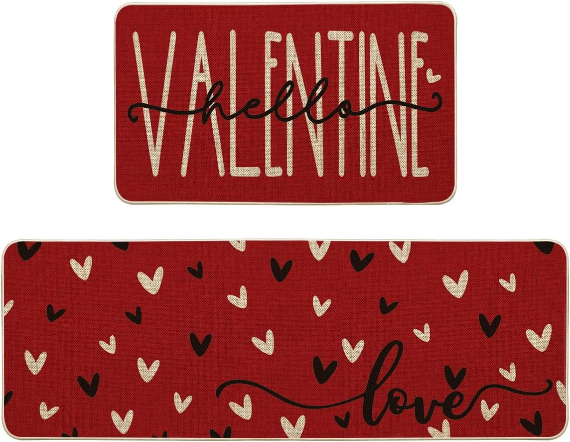 Artoid Mode Red Black Love Heart Hello Valentine's Kitchen Mats Set of 2, Home Decor Low-Profile Kitchen Rugs for Floor - 17x29 and 17x47 Inch