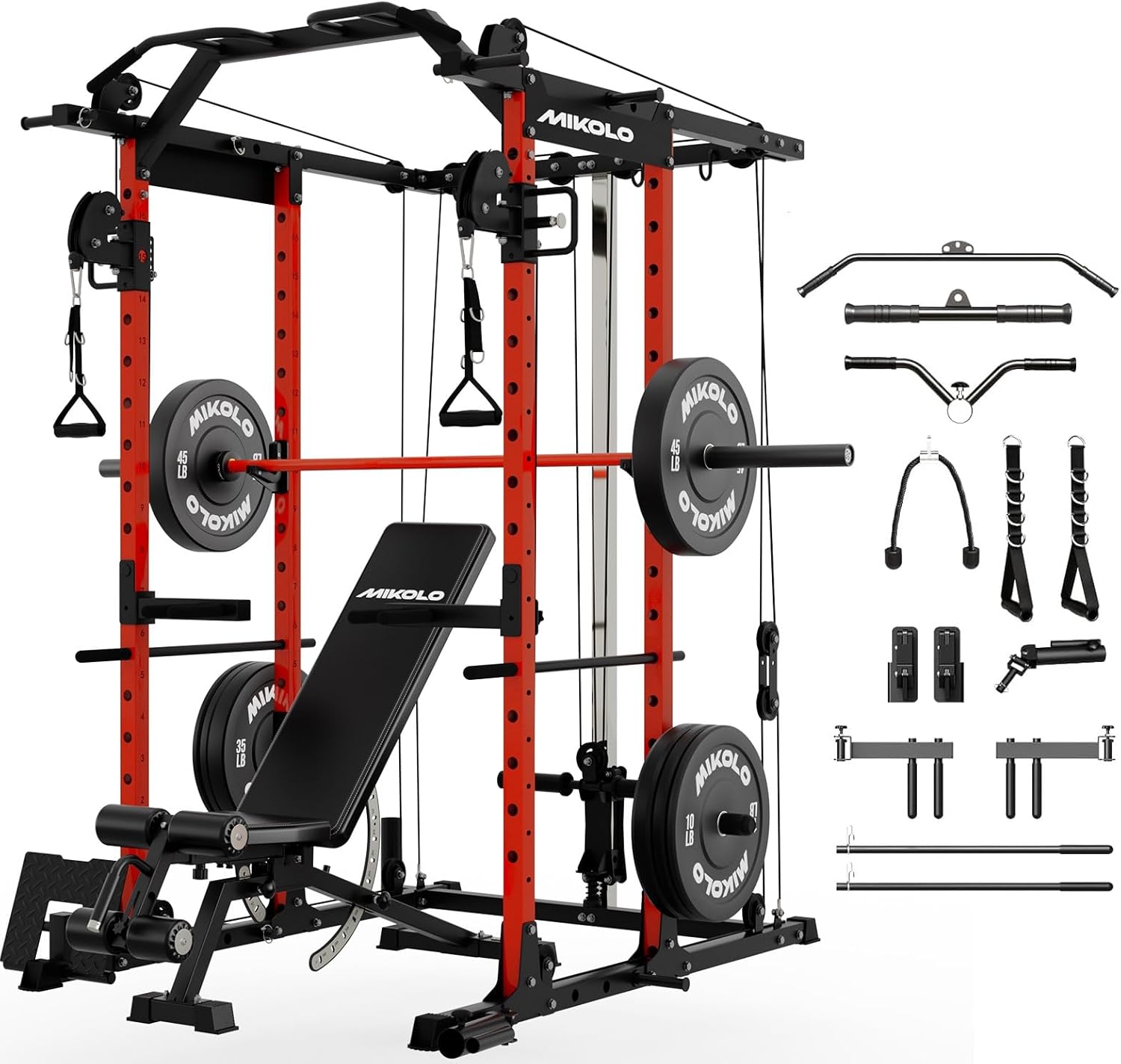 Mikolo Power Cage, Power Rack with Cable Crossover System, 1500LBS Squat Rack with LAT Pull Down System, Workout Cage with Pulley System for Fitness Home Gym