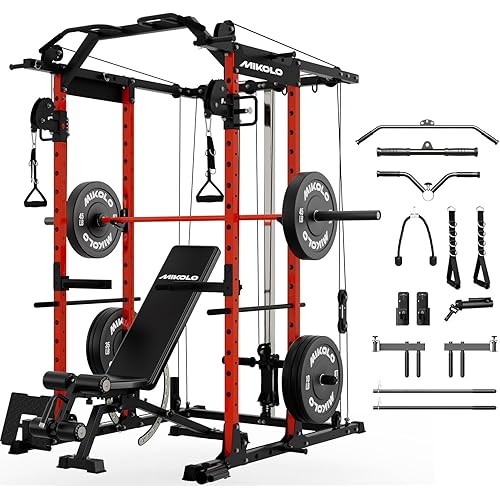 Mikolo Power Cage, Power Rack with Cable Crossover System, 1500LBS Squat Rack with LAT Pull Down System, Workout Cage with Pulley System for Fitness Home Gym