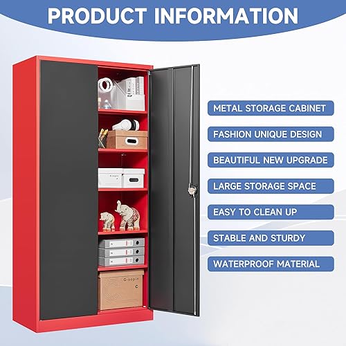 Vista 96 de Gabinete de metal de 72 pulgadas, armario de almacenamiento con bloqueo con 2 puertas y 5 estantes ajustables, gabinete de herramientas de acero