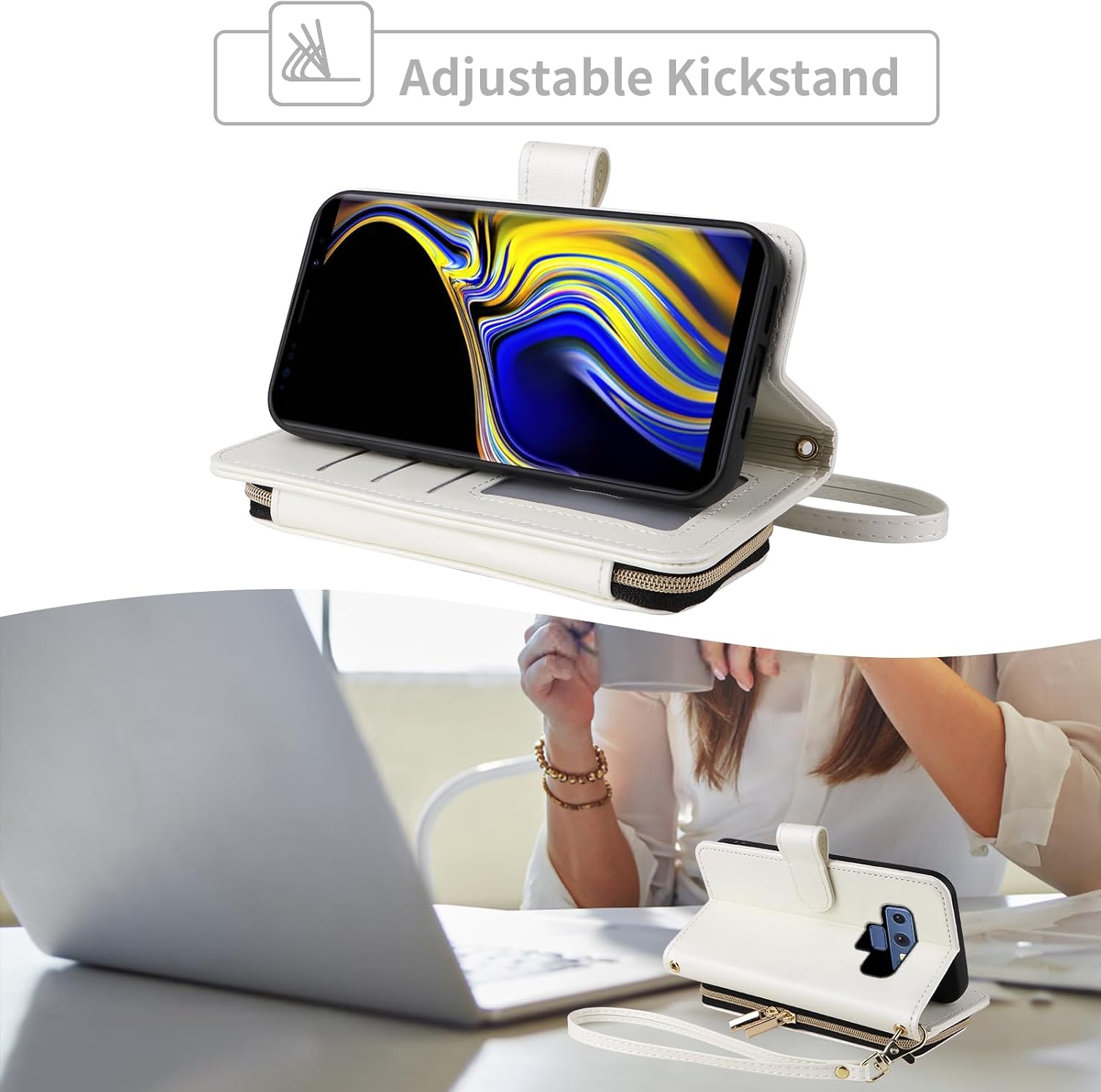 Wallet Case for Samsung Galaxy Note 9 with Detachable Wrist Strap, Crossbody Shoulder Strap, 9+ Card Slots Zipper Purse, Luxury PU Leather Stand Cell Phone Cover for Note9 Not S9 Women White