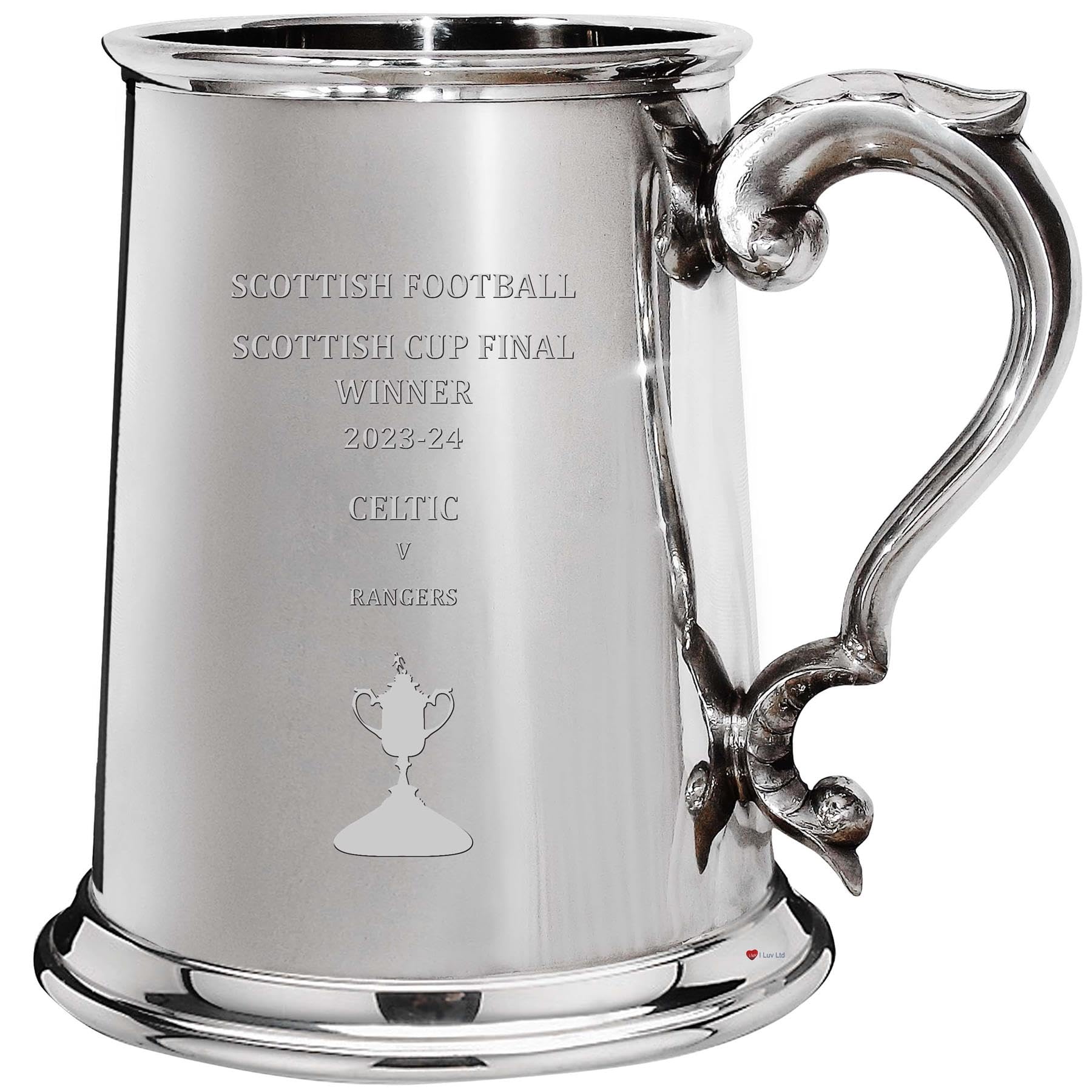 Chope à bière Glasgow Celtic en étain véritable avec gravure finale de la coupe d'Écosse 2023-24