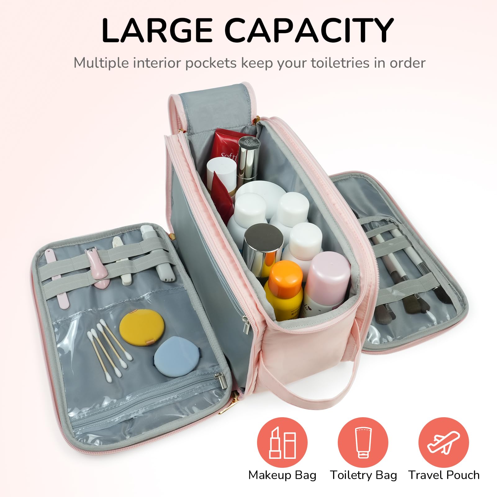 Gloppie Trousse de Toilette pour Femme Sac à Maquillage Matelassé Grand Format Sac de Rangement de Voyage, Rose