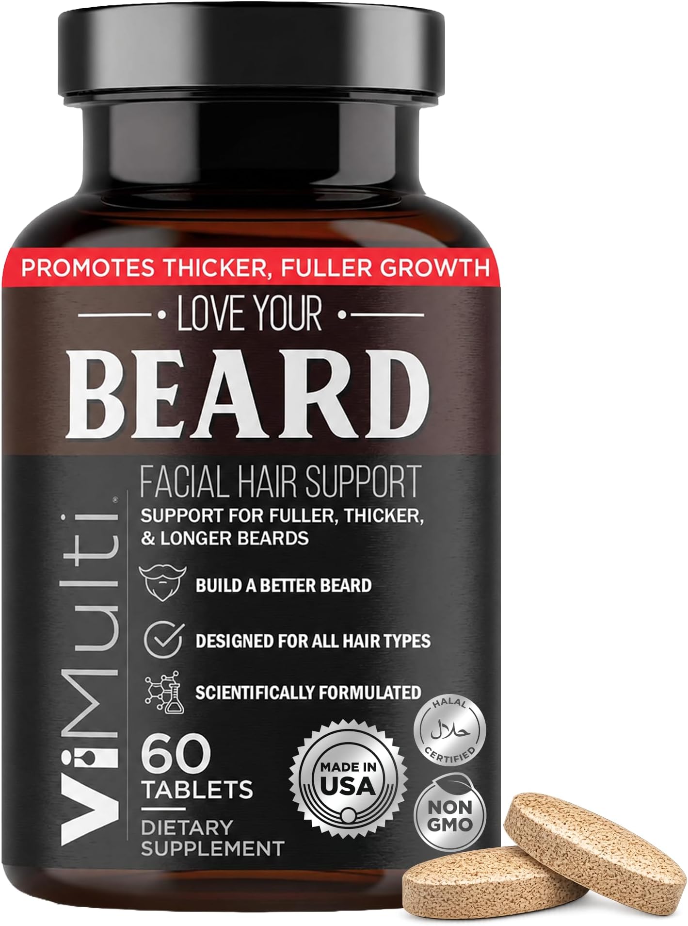 ViMulti Love Your Beard And Facial Hair Support and Supplement - 60 Tablets | For Your Beard And Facial Hair, With Vitamins, Minerals & Amino Ingredients, Hydrolyzed Collagen Types I & III, For Daily Use