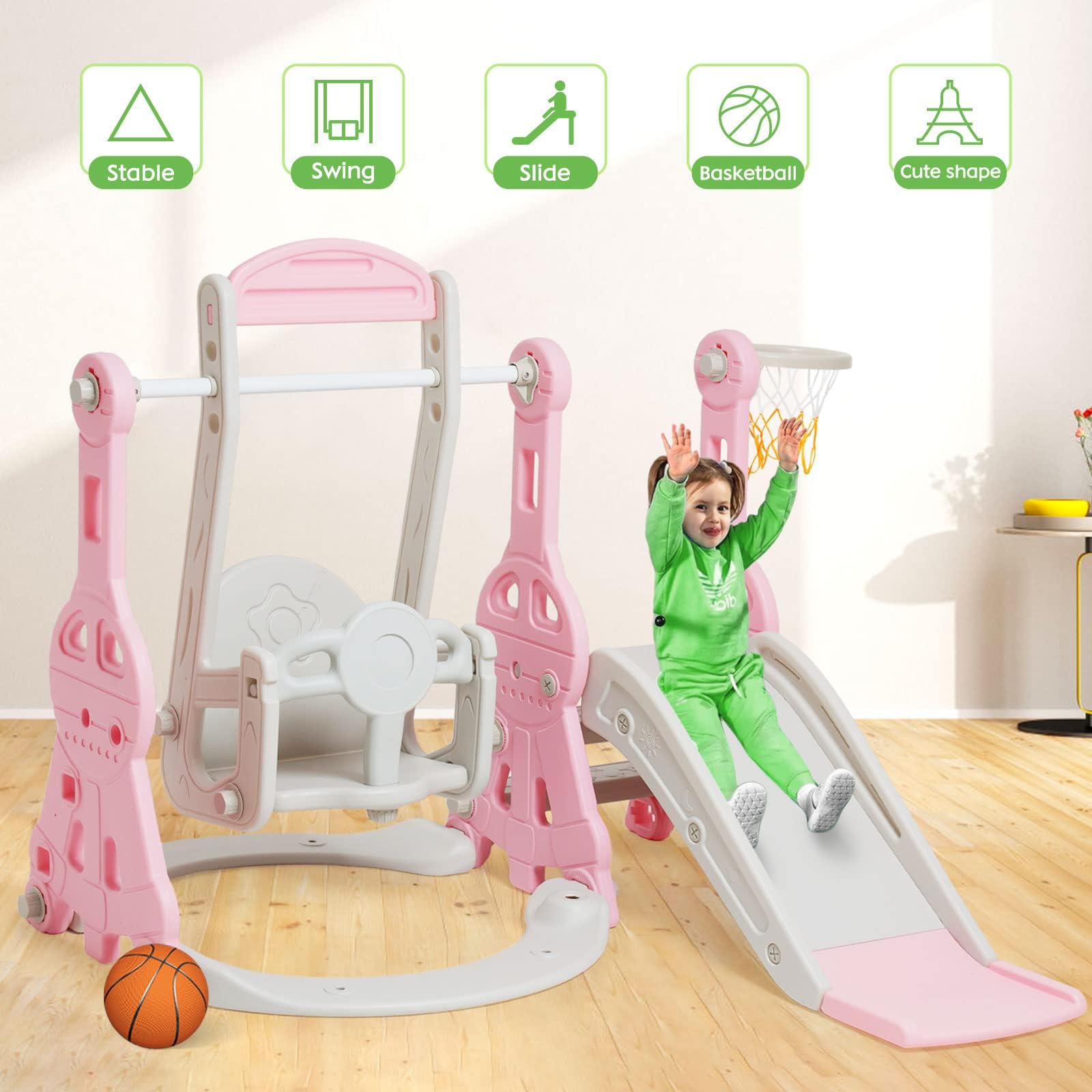 Tobogán interior a partir de 1 2 3 4 5 años, parque infantil 4 en 1 con columpio, tobogán para bebé, habitación infantil, tobogán de jardín para niños pequeños para interiores y exteriores, niños y