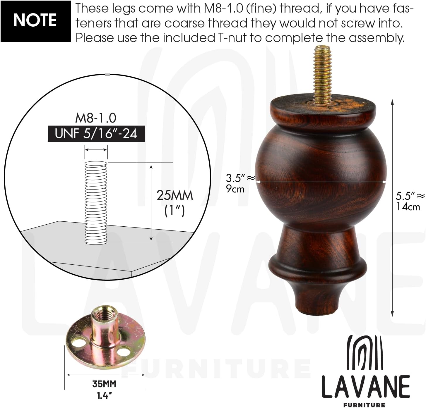 La Vane 5.5 inch Wooden Furniture Legs, 4PCS Soild Wood Turned Spindle Replacement Bun Feet with Pre-Drilled M8 Inch Bolt & Mounting Plate for Couch Sofa Cabinet Ottoman