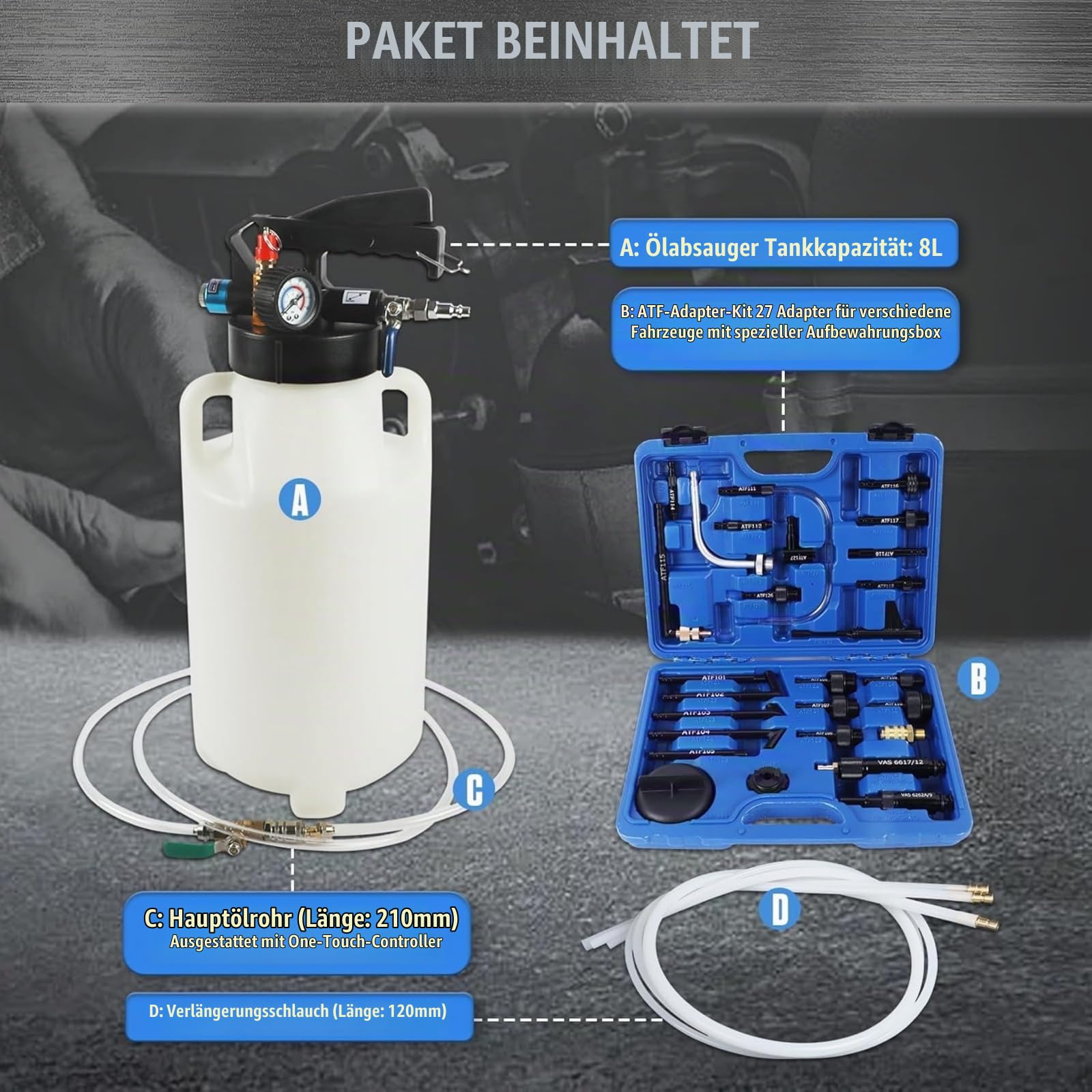 Druckluft Getriebeöl Einfüllgerät 8L mit 26 ATF Adaptern | Bidirektional absaugen & befüllen, mit Manometer & Sicherheitsventil, kompatibel mit BMW/Benz/VW/Audi, Aluminium & Nylon