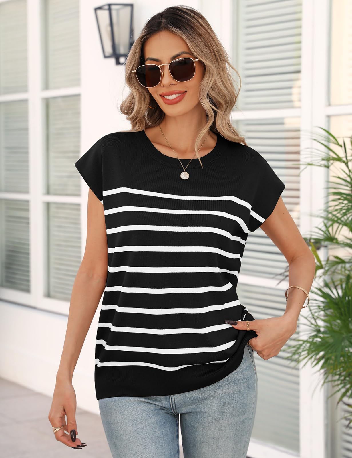 Niwicee Camisetas Manga Corta Mujer Camiseta Mujer Verano Top Mujer Tshirt de Rayas Tops con Cuello Redondo Básica Slim Fit para Mujer Top Elegantes Blusas Informales