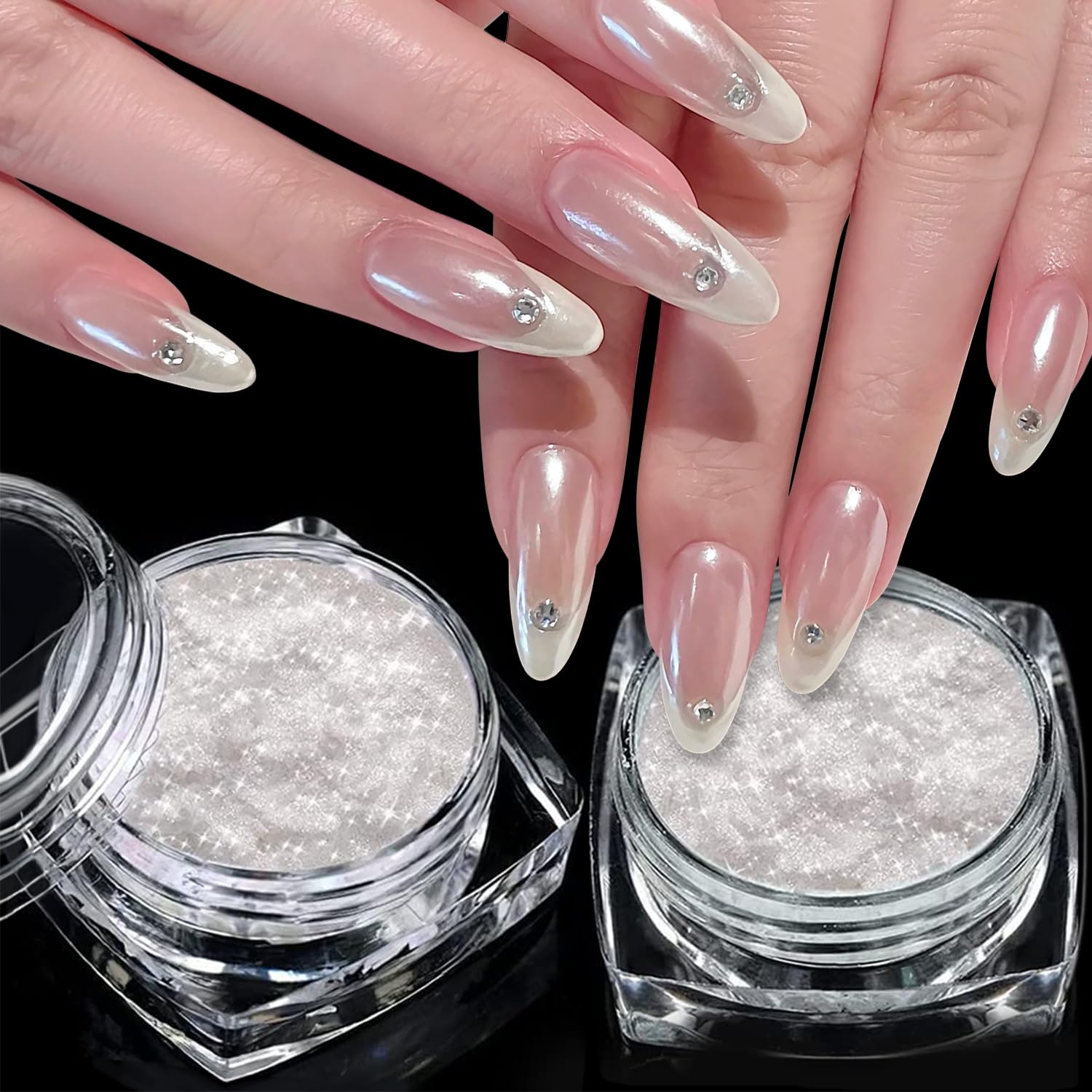 Photo 1 of 2 Jars White Clear Chrome Nail Powder Set 1g Transparent Glass Mirror Effect Aurora Pearl Chrome Powder for Nails Glitter Pigment Acrylic Powder for Gel Polish Nail Art Design with 2 Tools