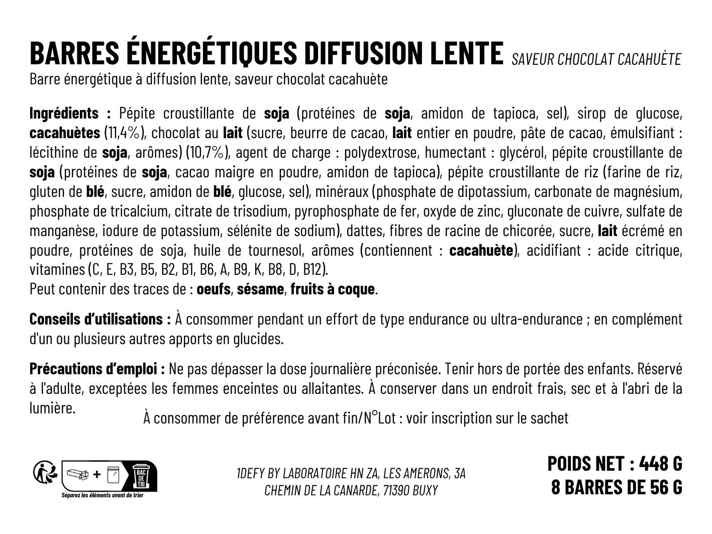 Barre énergétique diffusion lente - Saveur Chocolat Cacahuète - Barre effort long - Barre endurance - 1Defy - Boite de 8 barres
