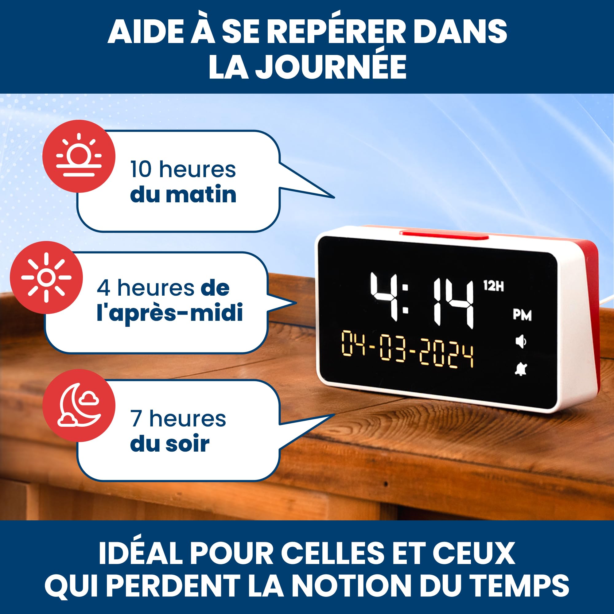 Réveil Parlant - Volume Extra Fort pour Malentendants, Aveugle, Malvoyante | Horloge Parlante pour Personne Agée, Alzheimer - Horloge Format 12h ou 24h, Gros Chiffres Idéal Mal Voyant, Mode Zéro Lumière